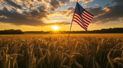 American flag on a wheat field at sunset, celebrating USA Independence Day