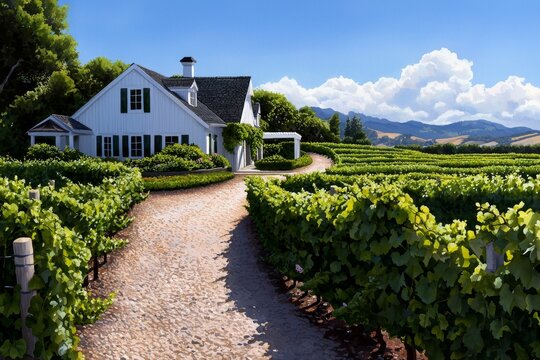 Watercolor depiction of a peaceful countryside vineyard, high-quality, rustic beauty, wine country charm
