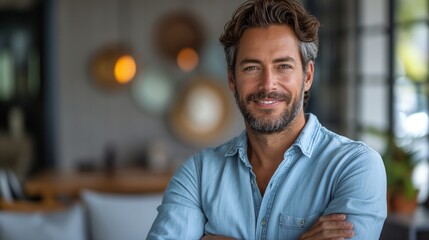Naklejka premium Happy young smiling confident professional business man wearing blue shirt, pretty stylish male executive looking at camera, standing arms crossed at grey background concept.