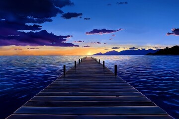 Watercolor depiction of a tranquil seaside pier at sunrise, high-quality, serene beauty, soft pastel colors