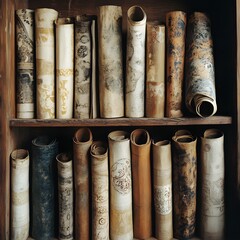 A collection of strange, scrolls arranged on a shelf 16:9