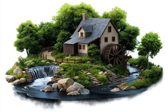 Watercolor illustration of a peaceful countryside mill with a bubbling stream and a wooden waterwheel, high-quality, inviting charm, rustic nostalgia