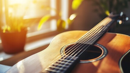 Fototapeta premium Guitar Strings Glowing in Natural Light - Close-Up Detail