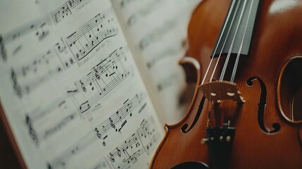 Fototapeta premium Violin Strings and Sheet Music: A Close-Up View