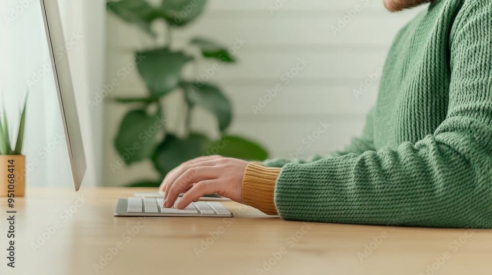 Poster man typing on keyboard in cozy home office setting with greenery and natural light.