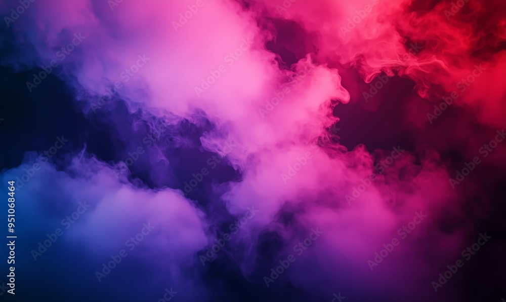 Poster a photo of ethereal vapor clouds illuminated by a combination of red and purple lights, creating a d