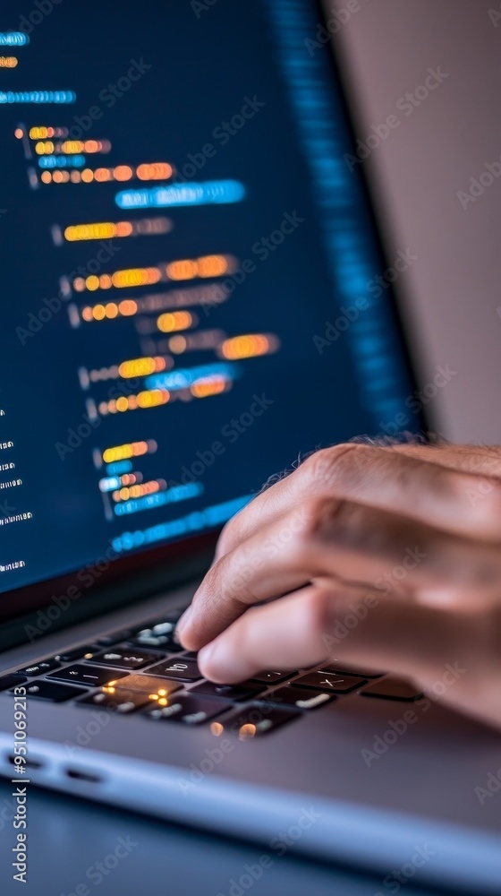 Poster software development, programming code on laptop screen, closeup of hands typing, digital technology