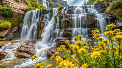 Extreme close-up of Upper Stewart Falls in Utah with yellow wildflowers