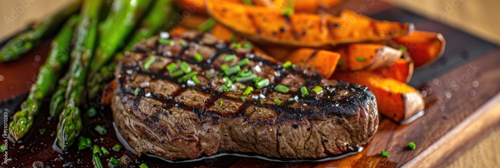 Poster Grilled beef steak accompanied by crispy sweet potato fries and grilled asparagus.