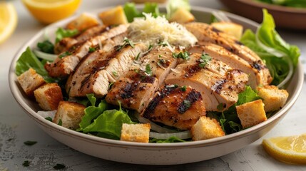 Fototapeta premium a bowl of chicken and lettuce salad with lemon wedges