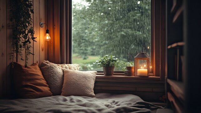 Warm cozy nook by large window during rain soft vintage lighting rustic tones
