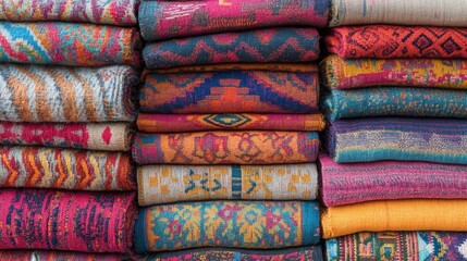 A stack of Guatemalan handwoven textiles, featuring the bright colors and patterns of Mayan heritage.