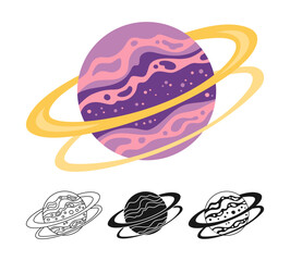Fantasy Planet with ring cartoon set for children. Fantastic cosmos sign icon linear design. Abstract fantastic doodle galaxy comic kids planet symbol. Vector celestial space sphere for website app