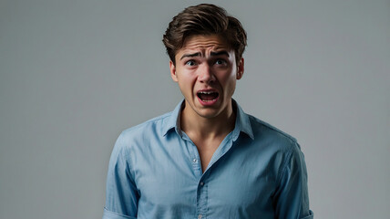 Obraz premium A young man is crying out in overwhelming sorrow. His face shows pure agony, mouth wide open, and his hands clutching his head in despai