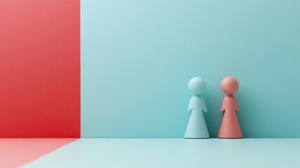 Abstract figurines of man and woman standing against color-block background
