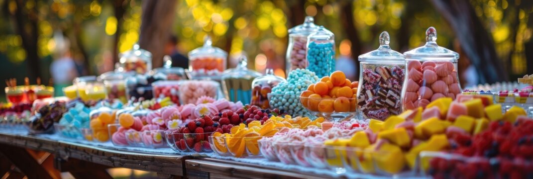 Variety of desserts including candy bars, fresh fruit, chilled drinks, and both alcoholic and non-alcoholic options at a buffet catering service for an outdoor celebration or event.