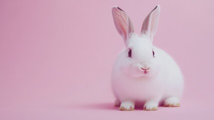 Adorable white rabbit with pink ears on soft background