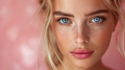 Obraz premium Portrait of beautiful woman. Woman with blonde hair takes care about skin. Beauty concept. Skin concept. Woman concept. Care concept.