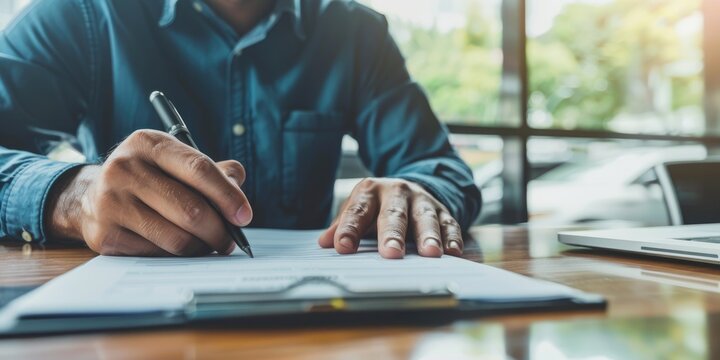 Individual completing a loan or lease application for acquiring a luxury vehicle at a dealership, alongside insurance or financial documents in the seller's office, finalizing a policy or financing