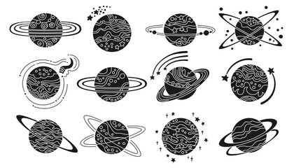 Planets fantasy cartoon doodle set for children. Abstract galaxy planets outline design. Fantastic cosmos, collection celestial space spheres planets stamp. Vector design isolated illustration