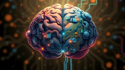 An artistic representation of a brain that’s half human and half machine, with one side showing natural neurons and the other showing circuit boards and robotic components 