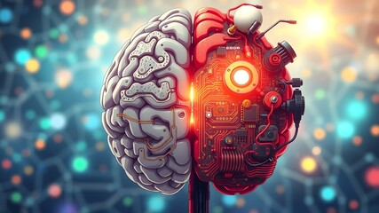 An artistic representation of a brain that’s half human and half machine, with one side showing natural neurons and the other showing circuit boards and robotic components 