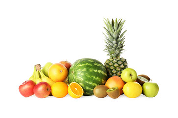 Many fresh ripe fruits isolated on white