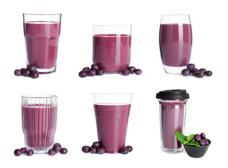 Fresh acai juice isolated on white, set