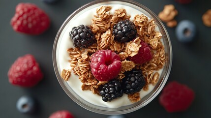Healthy Breakfast Bliss: Granola, Yogurt, & Berries Flat Lay