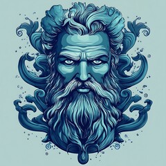 An Illustrated Portrait of a Man with a Long Blue Beard and Wavy Hair Surrounded by Blue Floral Motifs