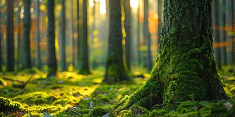 Green mossy tree trunks in autumn forest with shallow depth of field