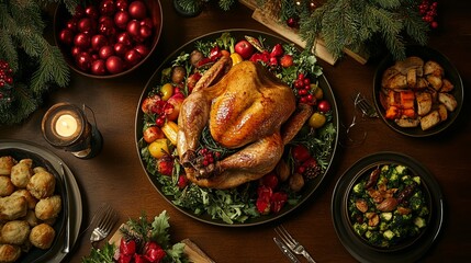Holiday Feast Flat Lay: Roasted Turkey, Festive Decor, & Delicious Sides
