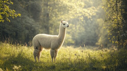 Naklejka premium Alpaca standing in sunlit forest clearing, surrounded by lush greenery