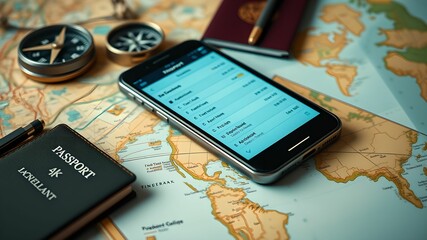 Smartphone with Travel Itinerary on Desk Surrounded by Travel Essentials