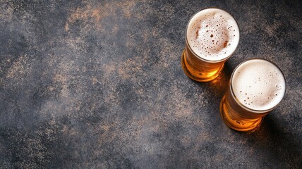 Two frothy pints of beer on rustic tabletop