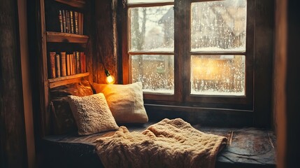 Cozy rustic nook by window soft warm light on rainy day vintage tones