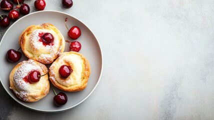 Delicious cherry pastries topped with powdered sugar, served on white plate