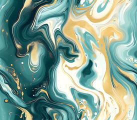 Obraz premium 6. Fluid abstract pattern with marbled swirls and blended colors in shades of teal, gold, and white 