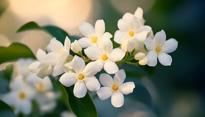 Fototapeta premium White Flowers with Yellow Centers on a Green Branch