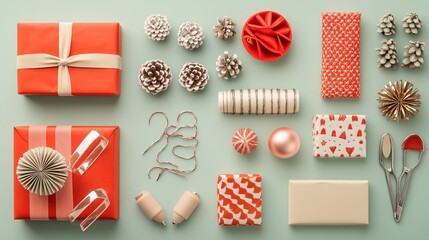 Fototapeta premium Holiday Gift Wrapping Essentials: Flat Lay with Ribbons and Tags