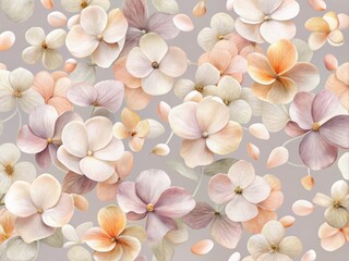 Delicate, watercolor-style heliotrope petals in soft peach and blush tones, scattered across a pale gray background, creating a subtle and sophisticated design.