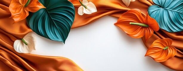 Delicate bold teal and sunset orange tropical leaves with mini anthurium petals on a white backdrop Minimalistic, high resolution, clear sharp focus, hyperdetailed