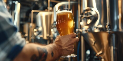 Individual assessing the craftsmanship of craft beer at a brewing facility Brewer evaluating the quality of beer in a manufacturing plant Quality evaluation of beer at a modern brewing establishment