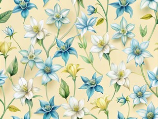 Delicate blossoms of Columbine flowers in soft blues and creamy whites, arranged in a seamless repeating pattern on a pale yellow background, evoking a sense of springtime whimsy and innocence.