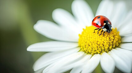 A close-up of a daisy with a ladybug on one of its petals, symbolizing simplicity, innocence, and the beauty of nature.