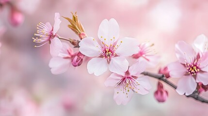 Naklejka premium A close-up of a delicate cherry blossom branch in full bloom, with soft pink petals and a blurred background of more blossoms.
