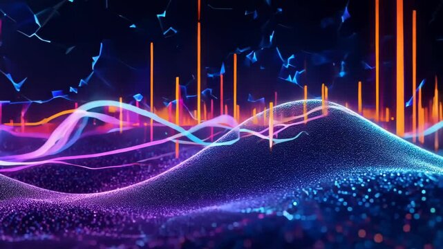 Vibrant neon sound wave undulates in dark space. Colorful spectrum pulsates with purple, orange, and blue hues. Laser-like beams radiate, adding depth and energy to the dynamic audio visualization.	