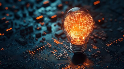Glowing light bulb featuring a circuit pattern, symbolizing technology and innovation with a blurred electronic backdrop