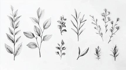 Elegant Botanical Illustrations: Delicate Hand-Drawn Flowers on White Background