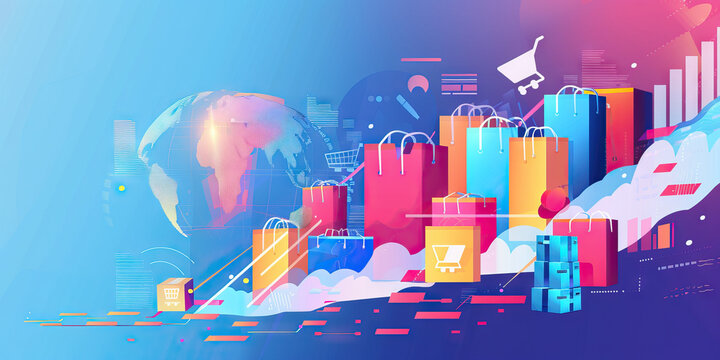 Abstract vector art depicting the growth of a global e-commerce business.